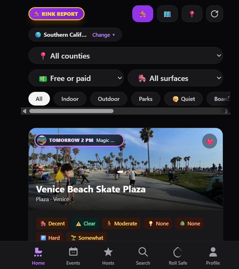 Rink Report home feed showing Venice Beach Skate Plaza with live crowd and floor condition tags