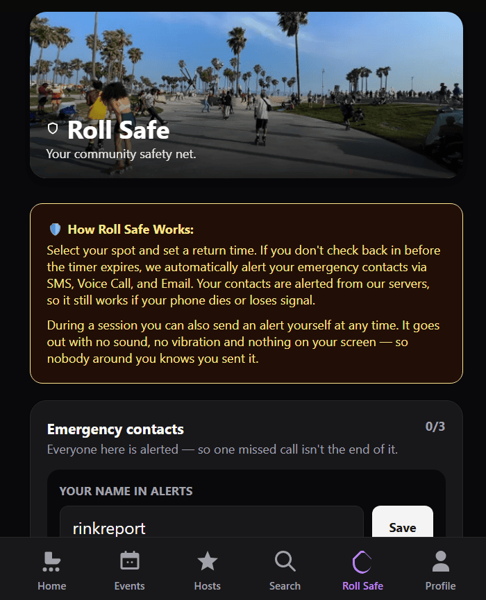 Rink Report Roll Safe screen explaining the check-in timer and emergency contact alerts