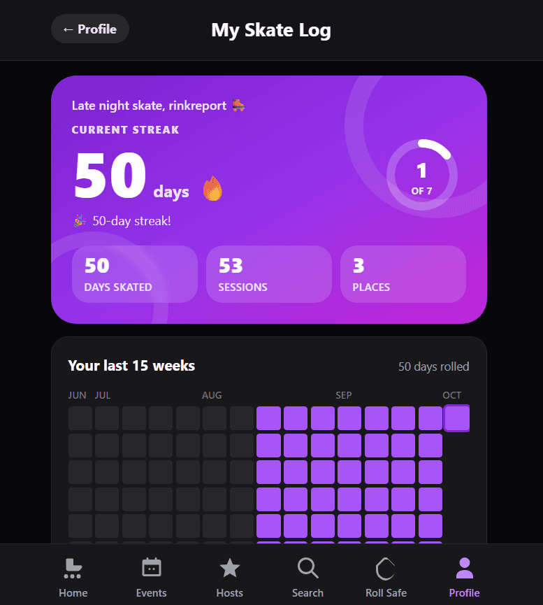 Rink Report Skate Log showing a purple streak card and a weekly activity calendar
