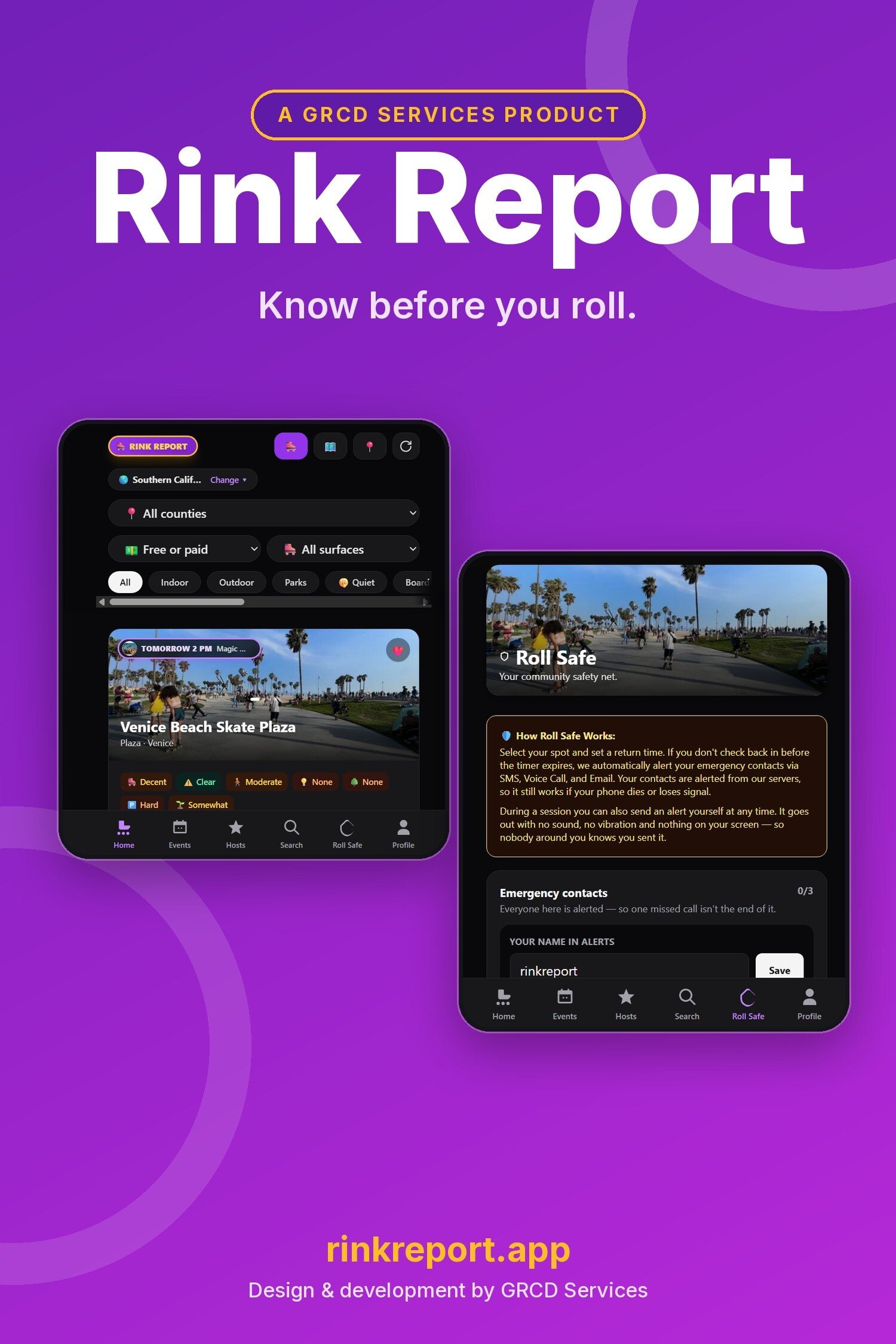 Rink Report portfolio card: app screens for the home feed and Roll Safe on a purple background